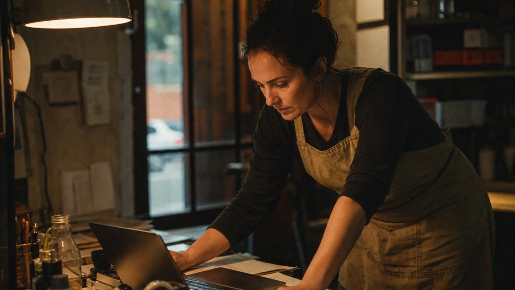 A small-business owner in an apron leaning over a laptop on a cluttered back-office desk late in the day, photographed in Adelaide