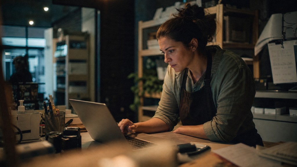 A small-business owner in an apron leaning over a laptop on a cluttered back-office desk late in the day, photographed in Adelaide
