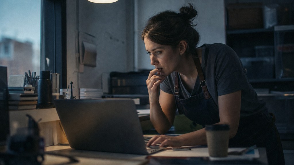 A small-business owner in an apron leaning over a laptop on a cluttered back-office desk late in the day, photographed in Adelaide