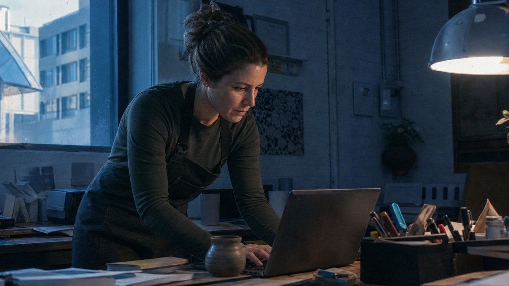 A small-business owner in an apron leaning over a laptop on a cluttered back-office desk late in the day, photographed in Adelaide