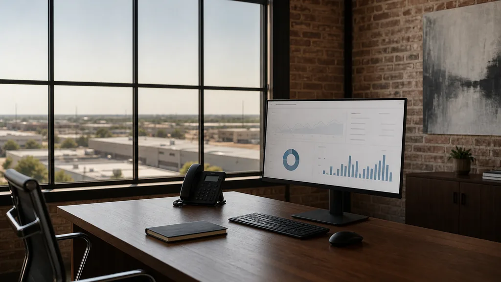 Editorial photograph of an empty modern HVAC contractor marketing office in a Dallas Design District brick loft with a walnut desk, a widescreen monitor showing a blank analytics dashboard, a desk phone and a closed notebook, tall steel windows onto low warehouses and a flat prairie horizon under hot hazy light, no people and no signage