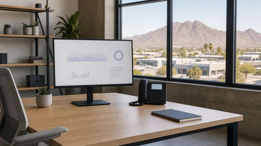 Editorial photograph of an empty modern HVAC contractor marketing office in a Phoenix warehouse district studio with a pale oak desk, a widescreen monitor showing a blank analytics dashboard, a desk phone and a closed notebook, wide windows onto dry mountains and low desert blocks in bright arid light, no people and no signage