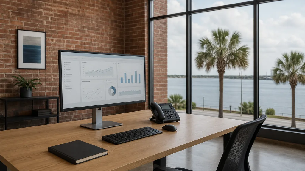 Editorial photograph of an empty modern HVAC contractor marketing office in a Tampa Ybor City brick office with a light oak desk, a widescreen monitor showing a blank analytics dashboard, a desk phone and a closed notebook, tall windows onto palms and wide bay water in humid afternoon light, no people and no signage
