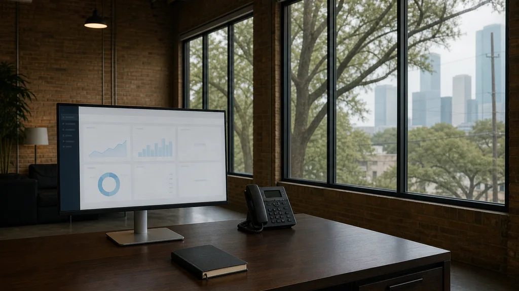 Editorial photograph of an empty modern HVAC contractor marketing office in a Houston Heights converted warehouse with a dark wood desk, a widescreen monitor showing a blank analytics dashboard, a desk phone and a closed notebook, tall windows onto live oaks and a distant glass skyline in heavy humid light, no people and no signage
