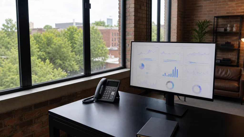 Editorial photograph of an empty modern HVAC contractor marketing office in a Charlotte South End brick loft with a black steel desk, a widescreen monitor showing a blank analytics dashboard, a desk phone and a closed notebook, tall windows onto dense hardwood tree cover and low brick facades in soft southern light, no people and no signage
