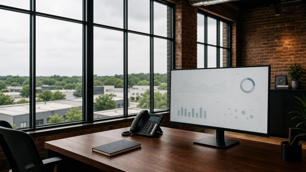 Editorial photograph of an empty modern HVAC contractor marketing office in an Atlanta Westside brick loft with a walnut desk, a widescreen monitor showing a blank analytics dashboard, a desk phone and a closed notebook, tall steel windows onto low warehouses and dense tree cover in soft humid light, no people and no signage