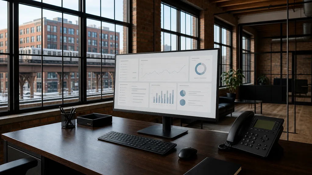 Editorial photograph of an empty modern HVAC contractor marketing office in a Chicago Fulton Market timber loft with a dark walnut desk, a widescreen monitor showing a blank analytics dashboard, a desk phone and a closed notebook, tall factory windows onto brick facades and elevated rail in sharp winter light, no people and no signage