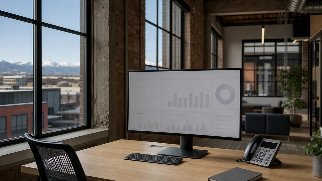 Editorial photograph of an empty modern HVAC contractor marketing office in a Denver RiNo converted warehouse with a pale oak desk, a widescreen monitor showing a blank analytics dashboard, a desk phone and a closed notebook, wide windows onto low blocks and a distant snow-capped range in clear altitude light, no people and no signage