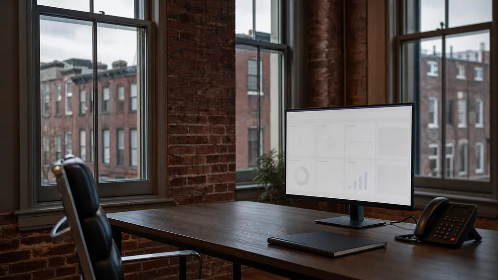 Editorial photograph of an empty modern HVAC contractor marketing office in a Philadelphia Old City brick office with a dark wood desk, a widescreen monitor showing a blank analytics dashboard, a desk phone and a closed notebook, tall sash windows onto red brick rowhouses in cool overcast light, no people and no signage