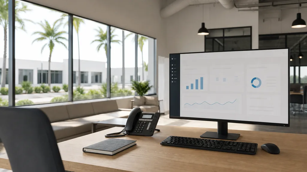 Editorial photograph of an empty modern HVAC contractor marketing office in an Orlando Mills District studio with a light oak desk, a widescreen monitor showing a blank analytics dashboard, a desk phone and a closed notebook, wide windows onto palms and low white blocks in bright humid light, no people and no signage