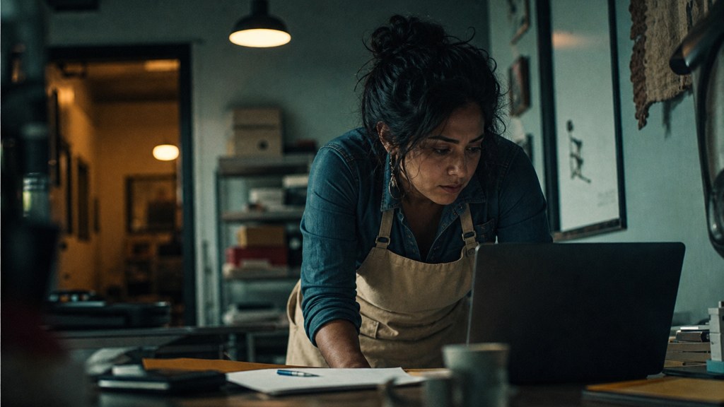 A small-business owner in an apron leaning over a laptop on a cluttered back-office desk late in the day, photographed in Albuquerque