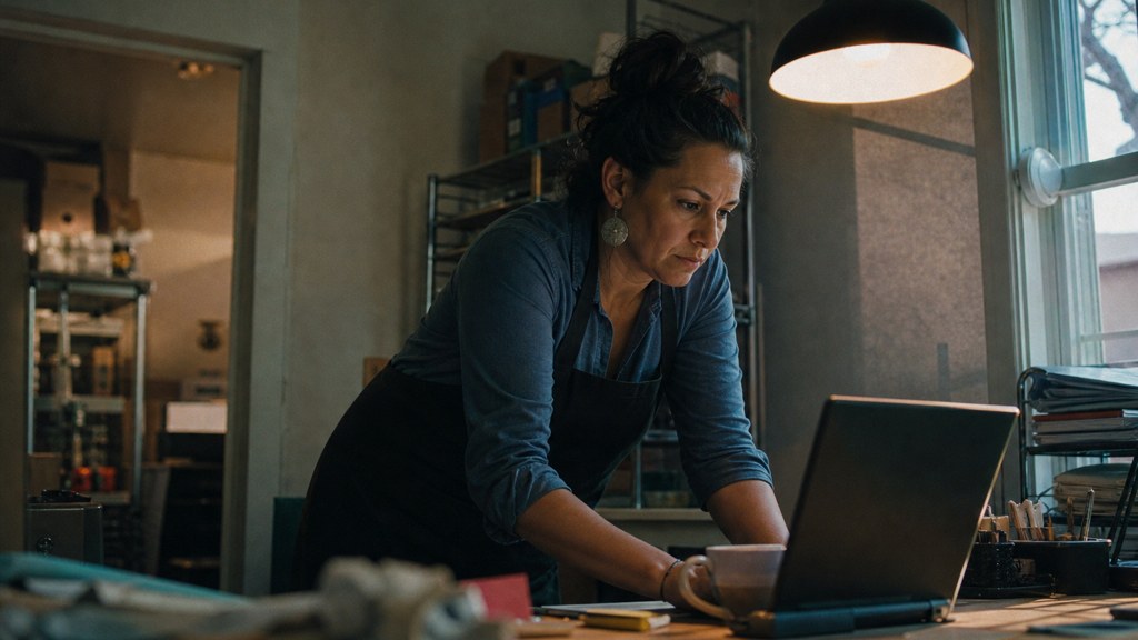 A small-business owner in an apron leaning over a laptop on a cluttered back-office desk late in the day, photographed in Albuquerque