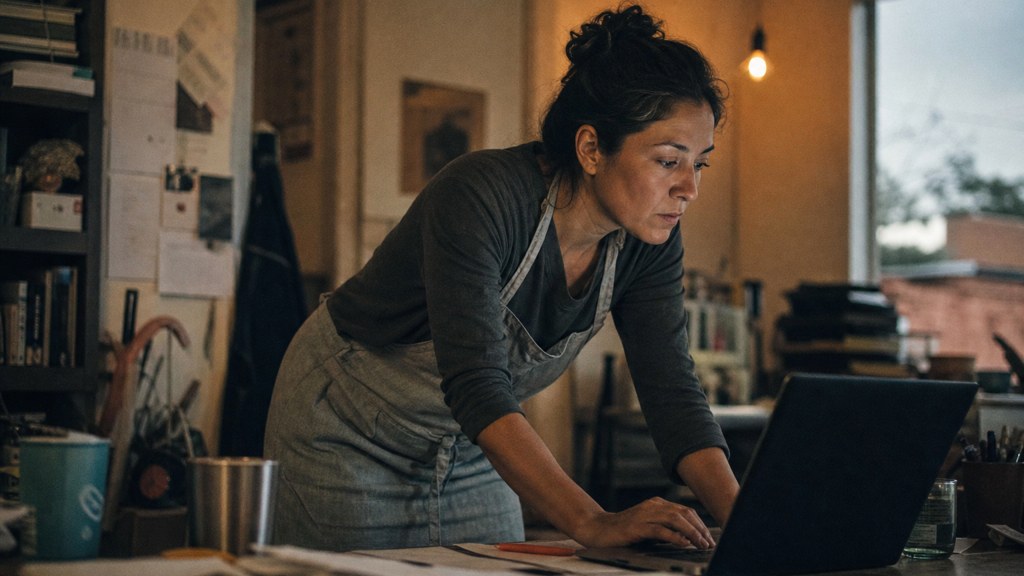 A small-business owner in an apron leaning over a laptop on a cluttered back-office desk late in the day, photographed in Albuquerque