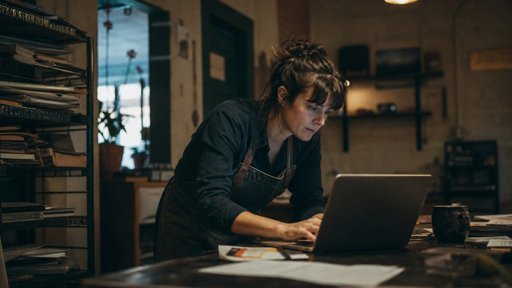 A small-business owner in an apron leaning over a laptop on a cluttered back-office desk late in the day, photographed in Albuquerque
