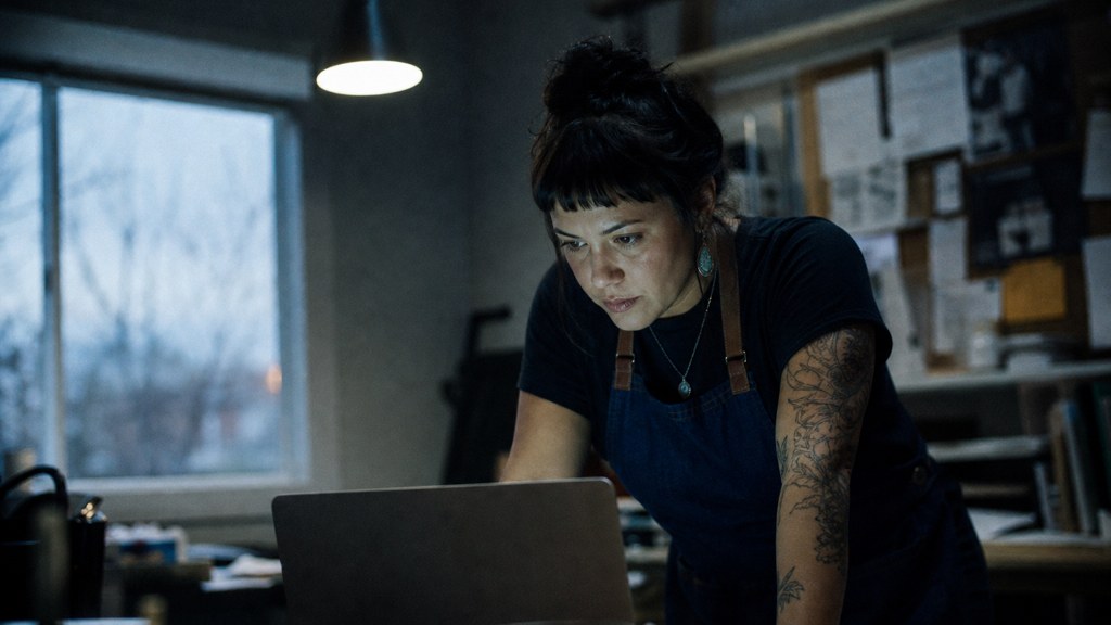 A small-business owner in an apron leaning over a laptop on a cluttered back-office desk late in the day, photographed in Albuquerque