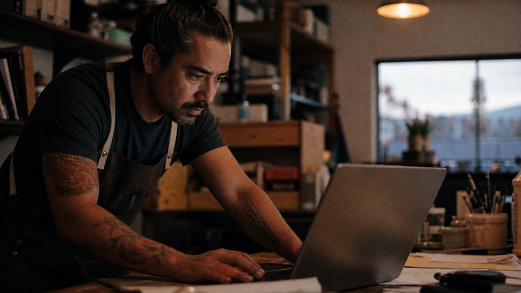 A small-business owner in an apron leaning over a laptop on a cluttered back-office desk late in the day, photographed in Albuquerque
