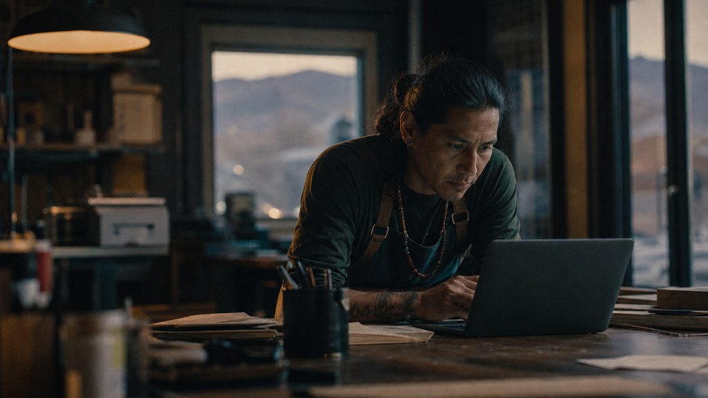 A small-business owner in an apron leaning over a laptop on a cluttered back-office desk late in the day, photographed in Albuquerque