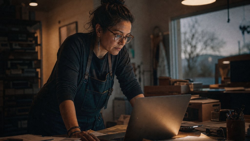 A small-business owner in an apron leaning over a laptop on a cluttered back-office desk late in the day, photographed in Albuquerque