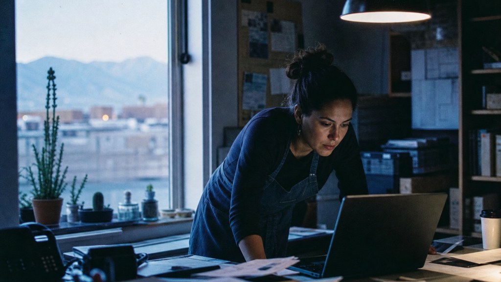 A small-business owner in an apron leaning over a laptop on a cluttered back-office desk late in the day, photographed in Albuquerque