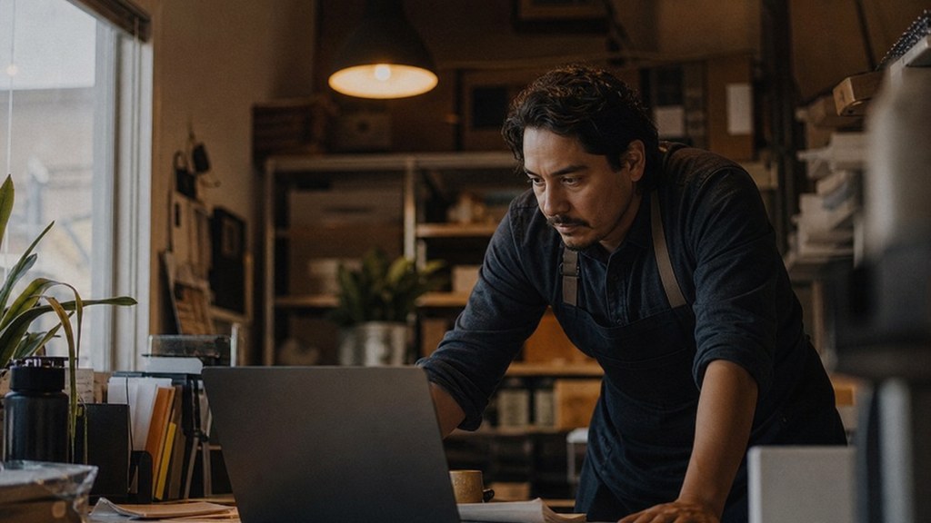 A small-business owner in an apron leaning over a laptop on a cluttered back-office desk late in the day, photographed in Albuquerque