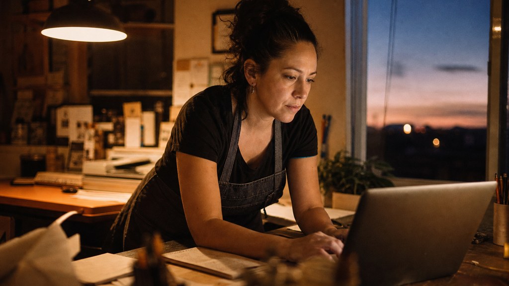 A small-business owner in an apron leaning over a laptop on a cluttered back-office desk late in the day, photographed in Albuquerque