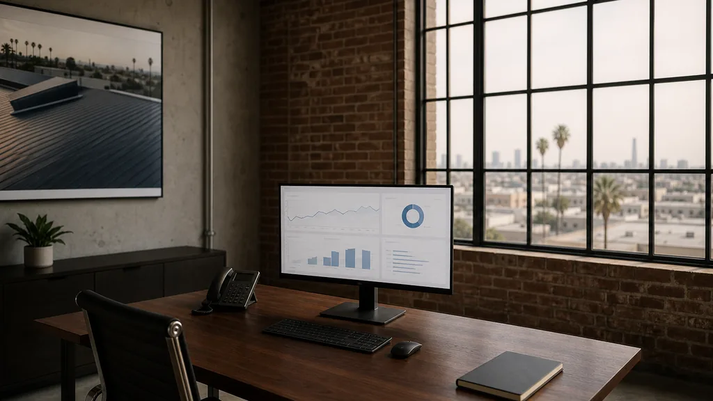 Editorial photograph of an empty modern roofing contractor marketing office in a Los Angeles Arts District brick loft with a pale oak desk, a widescreen monitor showing a blank analytics dashboard, a desk phone and a closed notebook, tall steel windows onto palms, low rooftops and distant hills in warm hazy light, no people and no signage