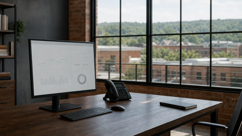 Editorial photograph of an empty modern roofing contractor marketing office in a Nashville Wedgewood Houston brick warehouse with a dark walnut desk, a widescreen monitor showing a blank analytics dashboard, a desk phone and a closed notebook, tall windows onto low brick blocks and wooded hills in soft southern light, no people and no signage