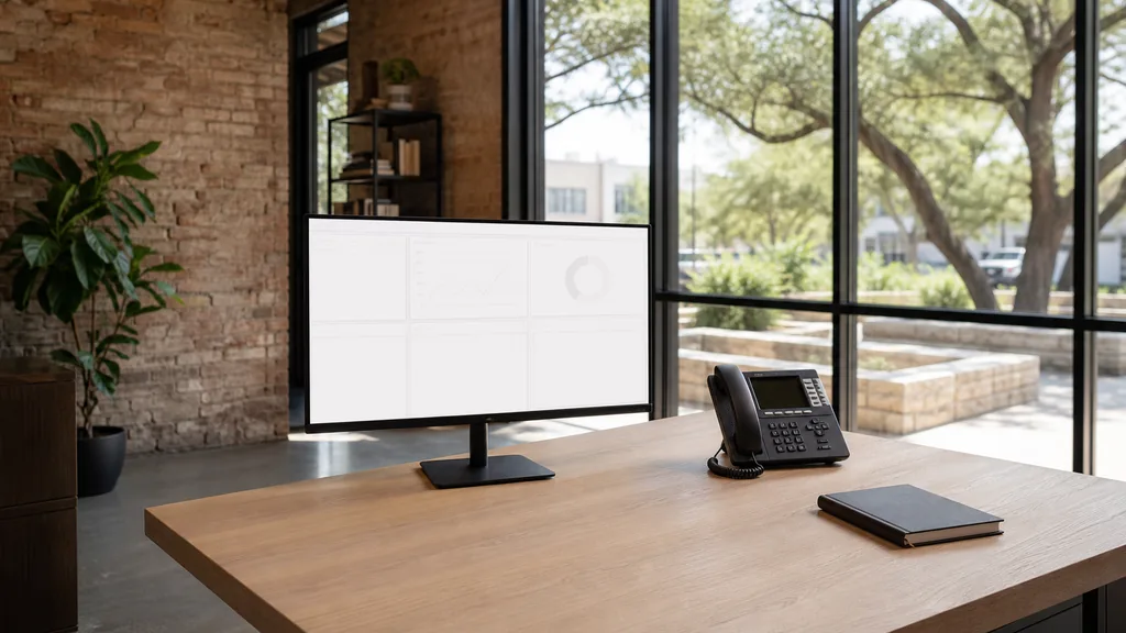 Editorial photograph of an empty modern roofing contractor marketing office in an Austin East Sixth brick studio with a pale oak desk, a widescreen monitor showing a blank analytics dashboard, a desk phone and a closed notebook, wide windows onto live oaks and low limestone blocks in hot bright light, no people and no signage