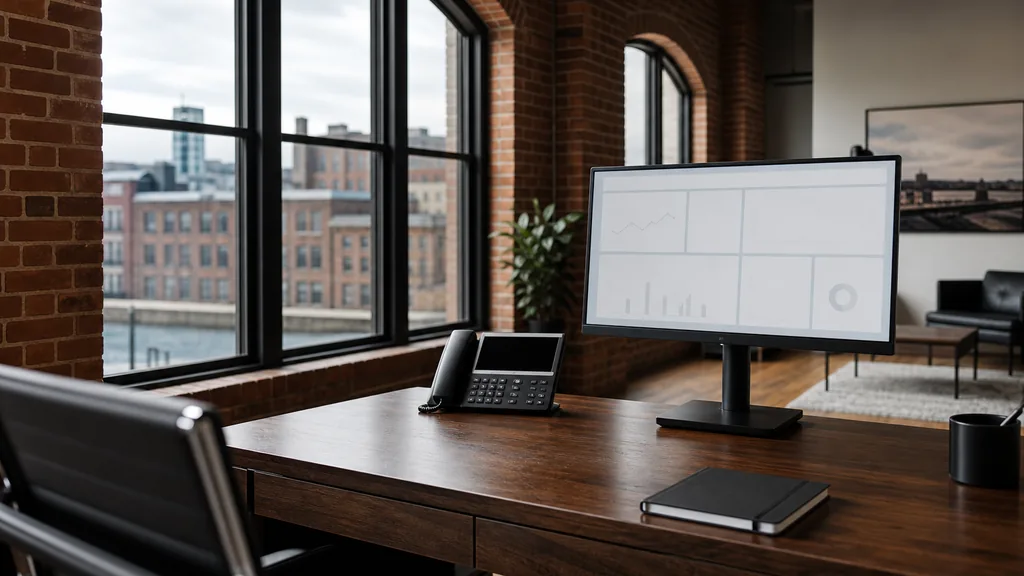 Editorial photograph of an empty modern roofing contractor marketing office in a Boston Fort Point brick loft with a dark walnut desk, a widescreen monitor showing a blank analytics dashboard, a desk phone and a closed notebook, tall arched windows onto red brick rows in grey harbour light, no people and no signage