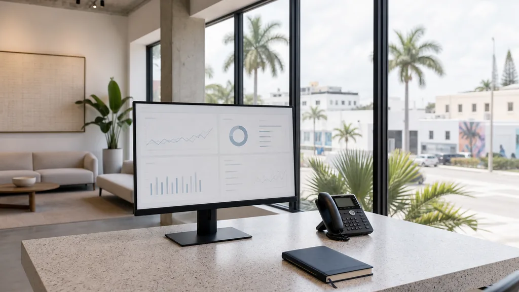 Editorial photograph of an empty modern roofing contractor marketing office in a Miami Wynwood studio with a light terrazzo desk, a widescreen monitor showing a blank analytics dashboard, a desk phone and a closed notebook, wide windows onto palms and pale low stucco blocks in bright humid light, no people and no signage