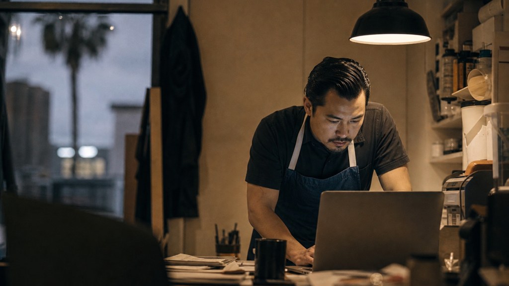 A small-business owner in an apron leaning over a laptop on a cluttered back-office desk late in the day, photographed in Anaheim