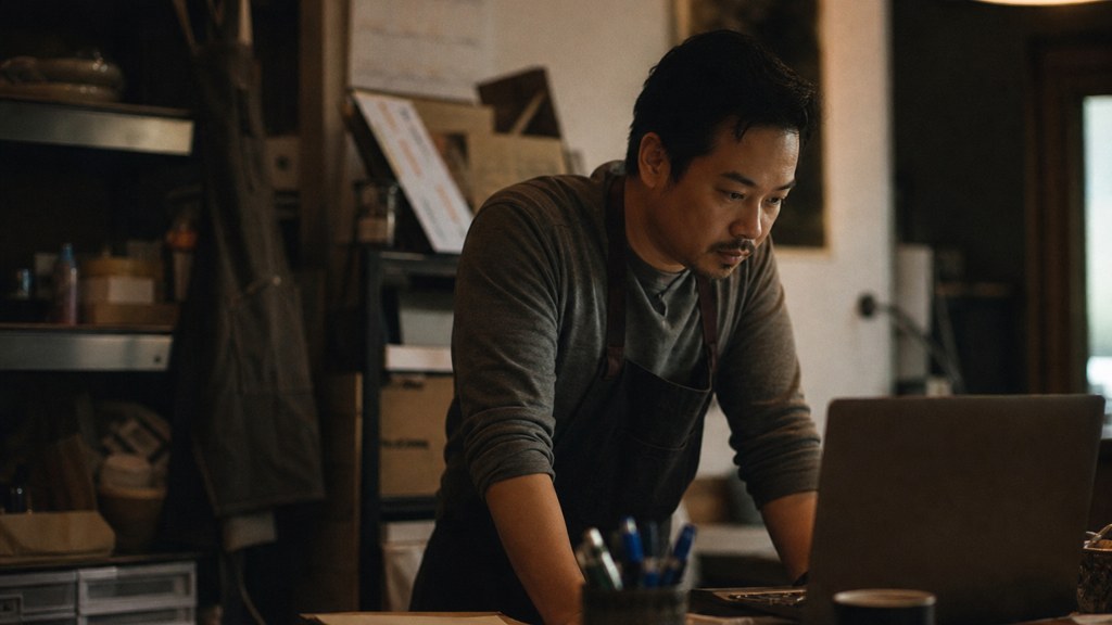 A small-business owner in an apron leaning over a laptop on a cluttered back-office desk late in the day, photographed in Anaheim