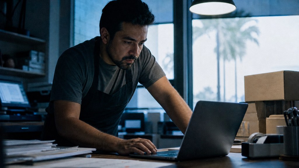 A small-business owner in an apron leaning over a laptop on a cluttered back-office desk late in the day, photographed in Anaheim