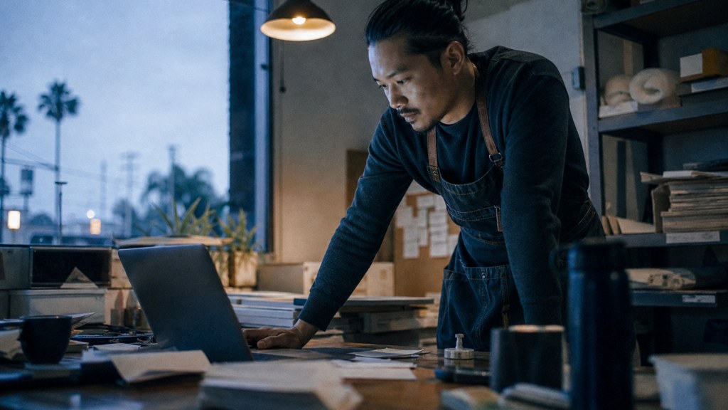 A small-business owner in an apron leaning over a laptop on a cluttered back-office desk late in the day, photographed in Anaheim