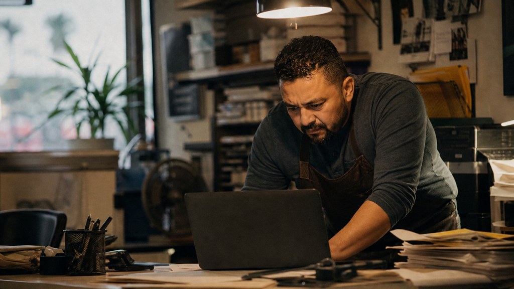 A small-business owner in an apron leaning over a laptop on a cluttered back-office desk late in the day, photographed in Anaheim