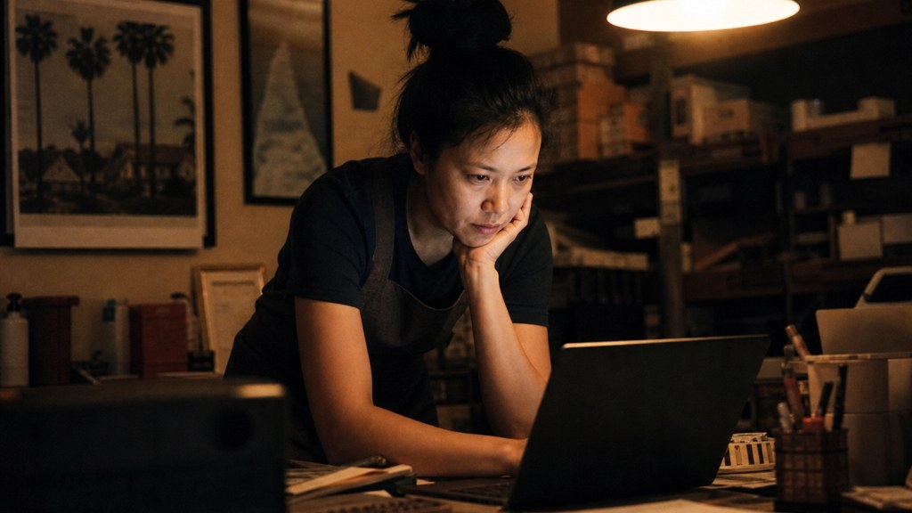 A small-business owner in an apron leaning over a laptop on a cluttered back-office desk late in the day, photographed in Anaheim