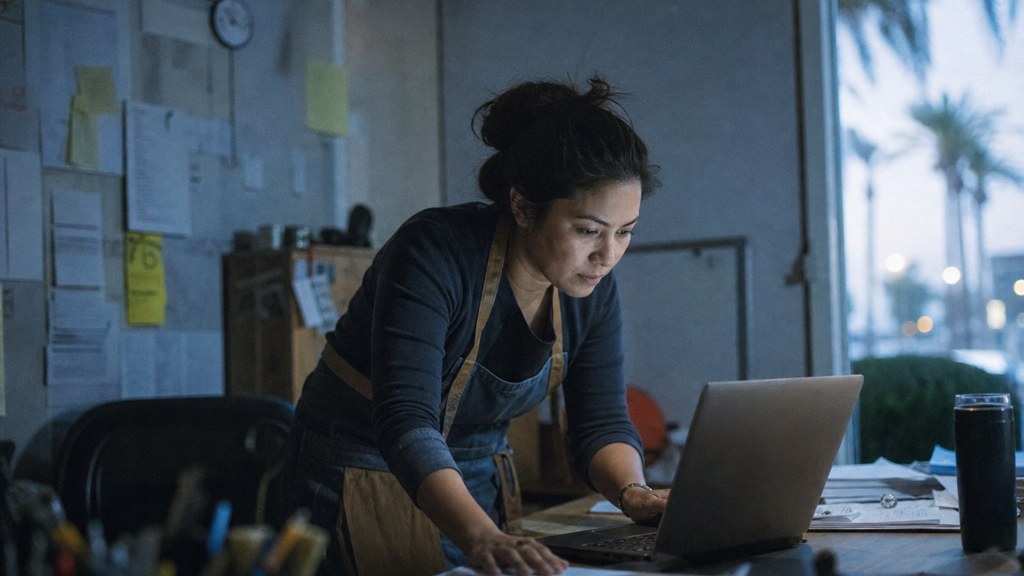 A small-business owner in an apron leaning over a laptop on a cluttered back-office desk late in the day, photographed in Anaheim