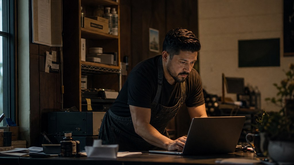 A small-business owner in an apron leaning over a laptop on a cluttered back-office desk late in the day, photographed in Anaheim