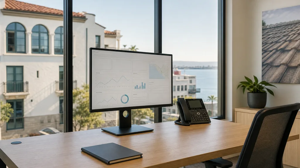 Editorial photograph of an empty modern roofing contractor marketing office in a San Diego Little Italy studio with a pale oak desk, a widescreen monitor showing a blank analytics dashboard, a desk phone and a closed notebook, wide windows onto palms and low stucco blocks in bright coastal light, no people and no signage