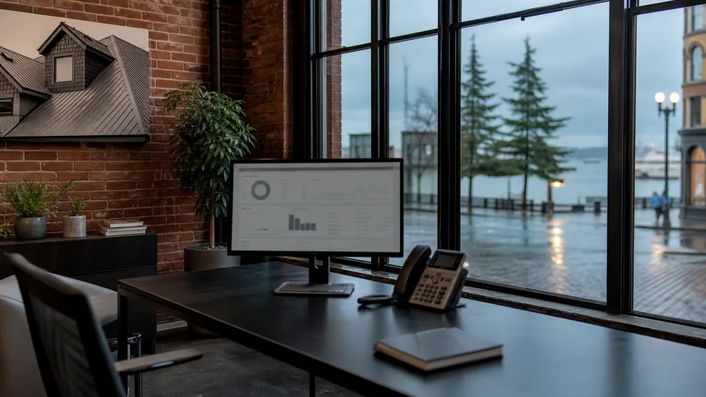 Editorial photograph of an empty modern roofing contractor marketing office in a Seattle Pioneer Square brick loft with a dark oak desk, a widescreen monitor showing a blank analytics dashboard, a desk phone and a closed notebook, tall windows onto red brick facades in wet grey street light, no people and no signage