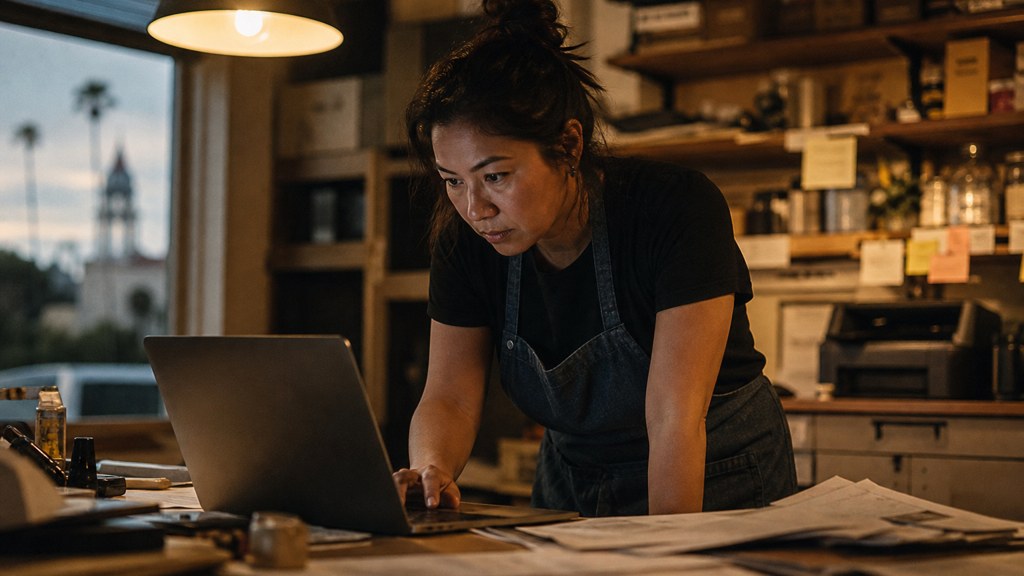 A small-business owner in an apron leaning over a laptop on a cluttered back-office desk late in the day, photographed in Anaheim