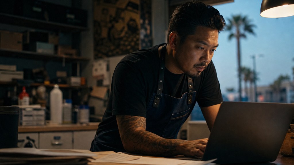 A small-business owner in an apron leaning over a laptop on a cluttered back-office desk late in the day, photographed in Anaheim