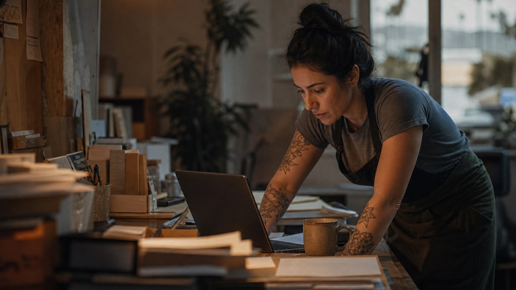 A small-business owner in an apron leaning over a laptop on a cluttered back-office desk late in the day, photographed in Anaheim