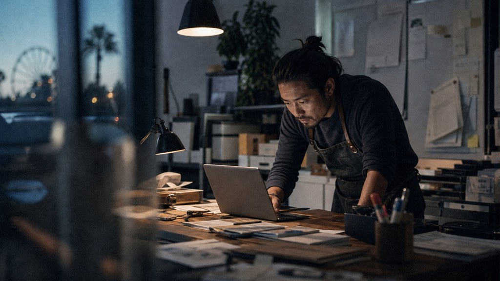A small-business owner in an apron leaning over a laptop on a cluttered back-office desk late in the day, photographed in Anaheim