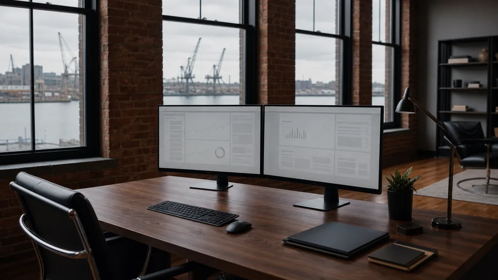 Editorial photograph of an empty analytics consultancy office in a Baltimore brick rowhouse conversion with a walnut desk, two widescreen monitors showing blank dashboard wireframes and tall windows onto harbour cranes under soft overcast light, no people and no signage