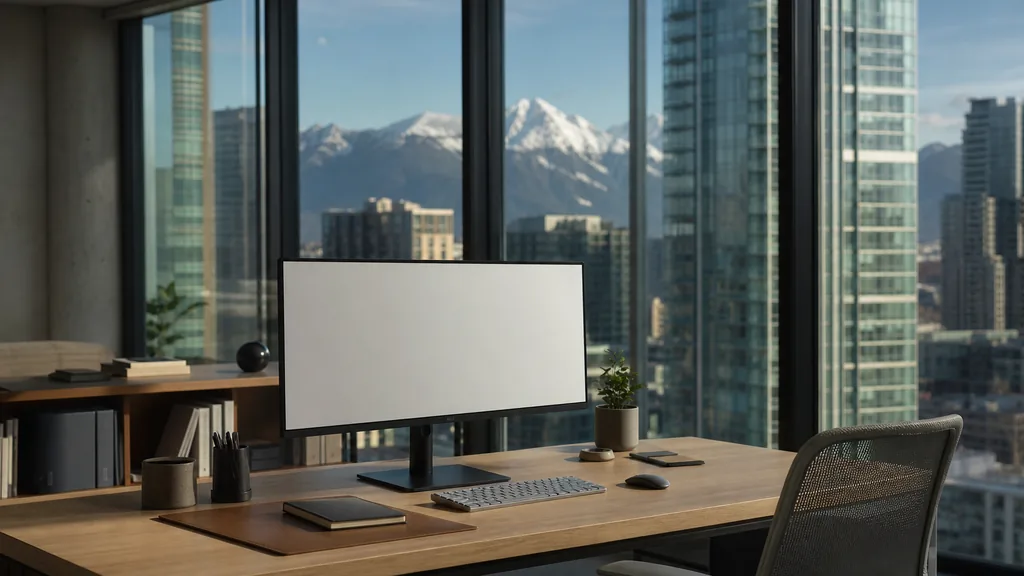 Editorial photograph of an empty marketing analytics studio in a Calgary Beltline office with a pale oak desk, a blank dashboard on a widescreen monitor and floor to ceiling windows onto glass towers and distant snow-capped mountains in crisp northern light, no people and no signage