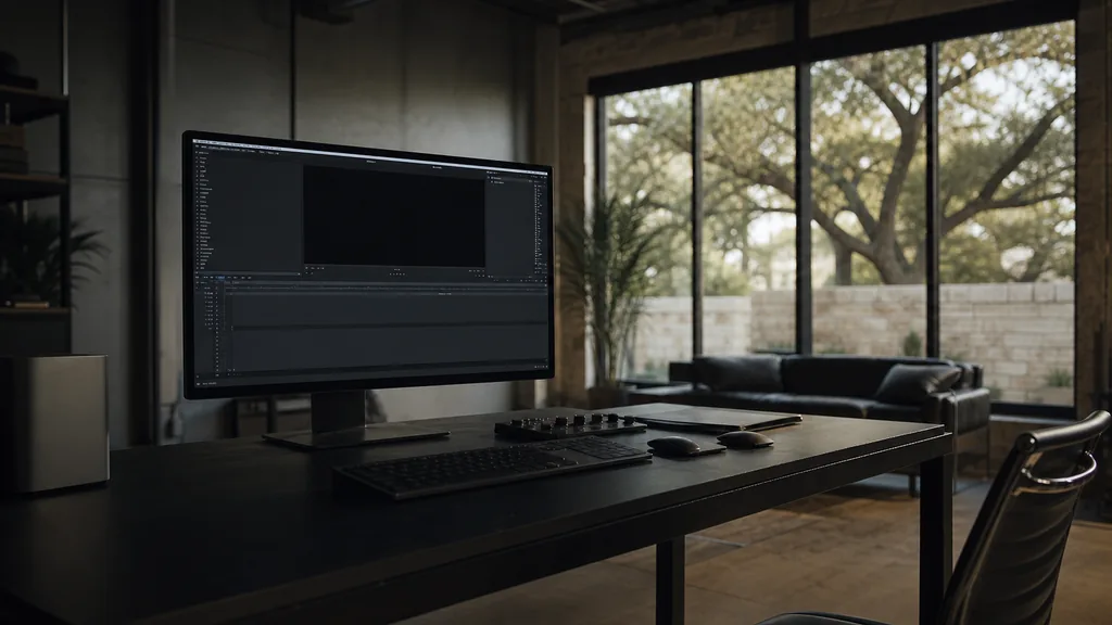 Editorial photograph of an empty video advertising agency edit suite in an Austin East Side warehouse conversion with a black steel desk, a blank editing timeline on a widescreen monitor and tall windows onto live oaks and low limestone blocks in hot evening light, no people and no signage