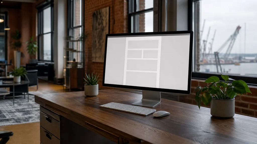 Editorial photograph of an empty email marketing studio in a Baltimore brick rowhouse conversion with a walnut desk, a widescreen monitor showing a blank newsletter layout grid and tall windows onto harbour cranes under soft overcast light, no people and no signage
