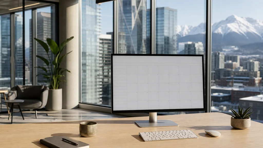 Editorial photograph of an empty email marketing studio in a Calgary Beltline office with a pale oak desk, a blank campaign calendar on a widescreen monitor and floor to ceiling windows onto glass towers and distant snow-capped mountains in crisp northern light, no people and no signage