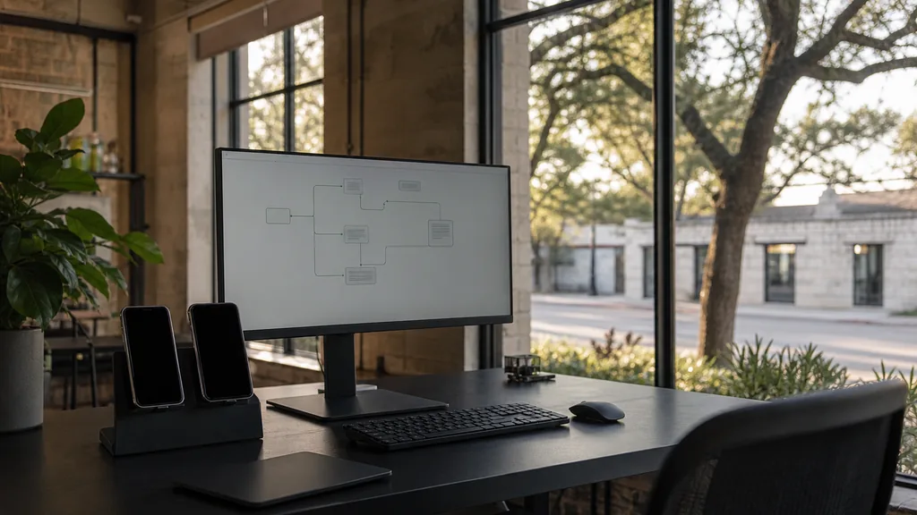 Editorial photograph of an empty mobile messaging agency workspace in an Austin East Side warehouse conversion with a black steel desk, two blank smartphones on a stand and a widescreen monitor showing an empty message flow diagram, tall windows onto live oaks and low limestone blocks in hot evening light, no people and no signage